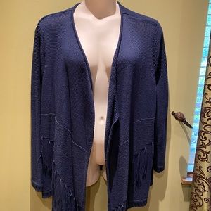 INC blue sweater with fringe accents